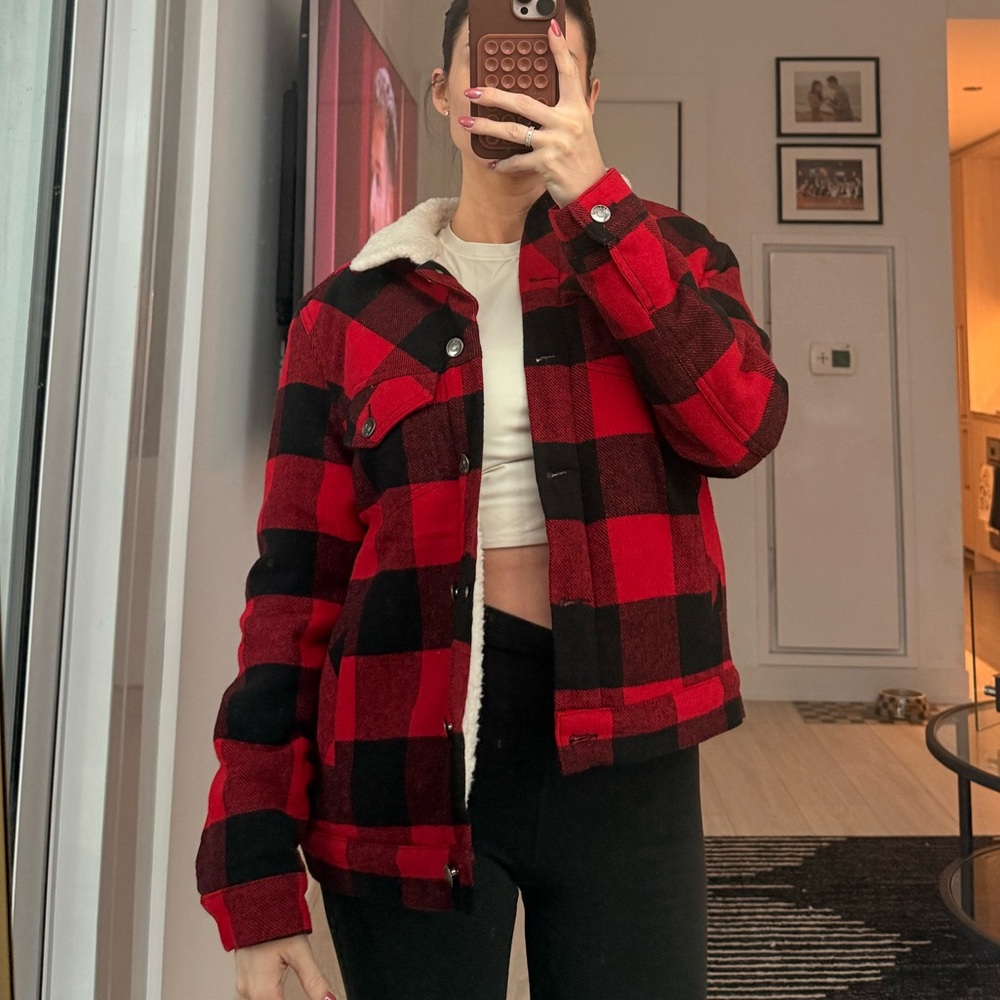 Love Tree Red and Black Plaid Teddy Jacket
